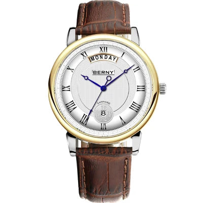 Montre à quartz pour homme BERNY, équipée d'un mouvement Miyota VJ55, modèle de luxe de haute qualité avec affichage du jour, boîtier en acier inoxydable, verre saphir et étanchéité.