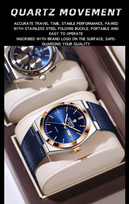 BINBOND Luxury leather strap quartz wristwatches precise luminous waterproof auto date week display durable men's watch reloj