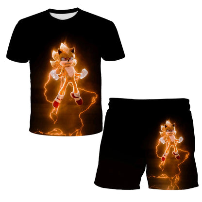 New Boys T-shirt Sonic The Hedgehog 3D T-shirt Set for Boys Girls Cute Summer Top + Shorts Children's Short-Sleeve Birthday Gift