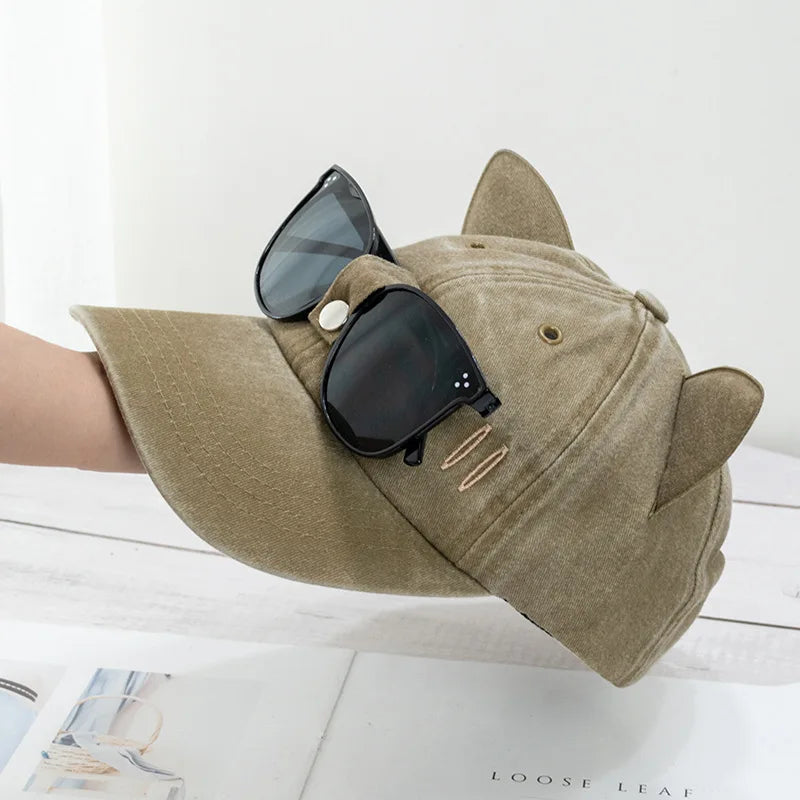 New Cat Ears Sunglasses Baseball Cap Y2K Cotton Washed Pilot Snapback Caps Gorras Women And Men Outdoor Sunshade Sun Hats Unisex