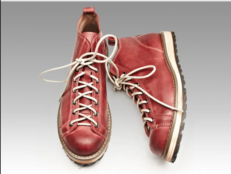 KOWM cowhide Hiking shoes men's walking boot British trekking shoes thick soled cowhide high top motorcycle boots ankle sneakers