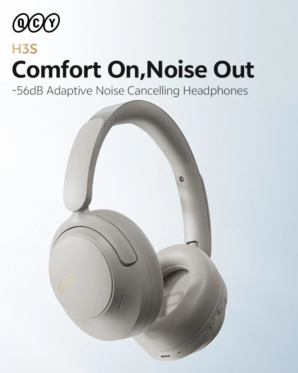 QCY H3S -56dB ANC adaptativo Auscultadores Bluetooth 6.0 circum-aurais – Headset sem fios Hi-Res LDAC, bateria de 102H, som espacial Dual Driver