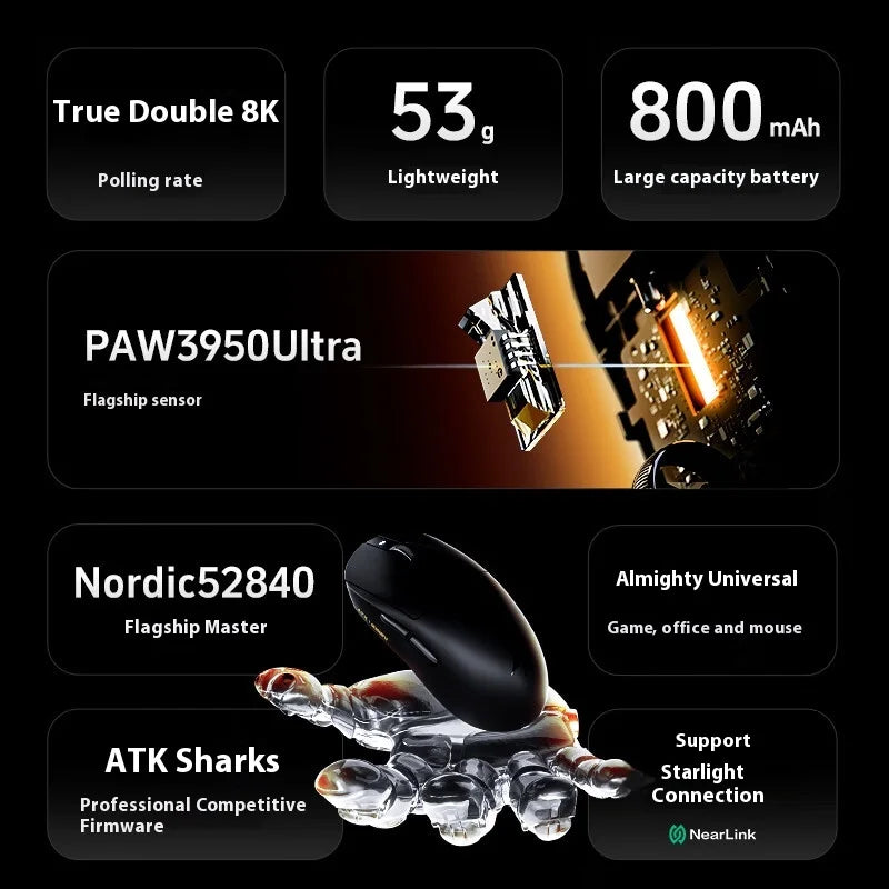 Mouse da gaming wireless ATK A9 Ultra Tri Mode 8K, 53g, ultraleggero, A9/A9 SE/A9 Plus/A9 Pro, mouse da gaming e-sport per PC, regalo personalizzato