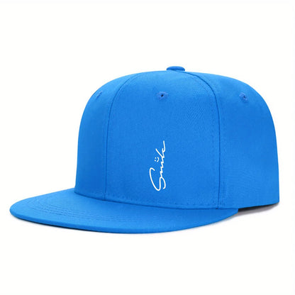 Lettered smiley face print stylish baseball cap for men and women adjustable sun protection woven flat brim sun hat gorras