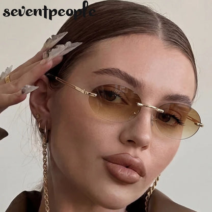 Rimless Oval Sunglasses Women 2026 Luxury Brand Vintage Small Frame Gold Metal Gradient Lens Y2K Punk Streetwear Fashion Eyewear