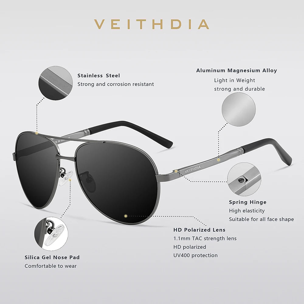 VEITHDIA Men's Polarized UV400 Sunglasses Vintage Designer Goggle Classic Fashion Outdoor Driving Sun Glasses For Male VT1306