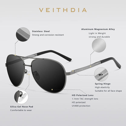 VEITHDIA Men's Polarized UV400 Sunglasses Vintage Designer Goggle Classic Fashion Outdoor Driving Sun Glasses For Male VT1306