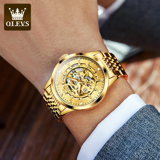 OLEVS 9920 men’s watch, an original ‘skeleton’ model, crafted from solid stainless steel, water-resistant and featuring luminescent elements; a luxury automatic mechanical watch.