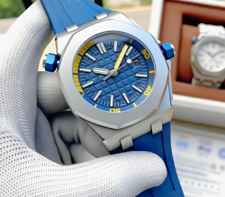 High End 42mm Luxury Mens Automatic Watches 904L Stainless Steel Black Blue Rubber Bracelet Sapphire Lens Waterproof Casual