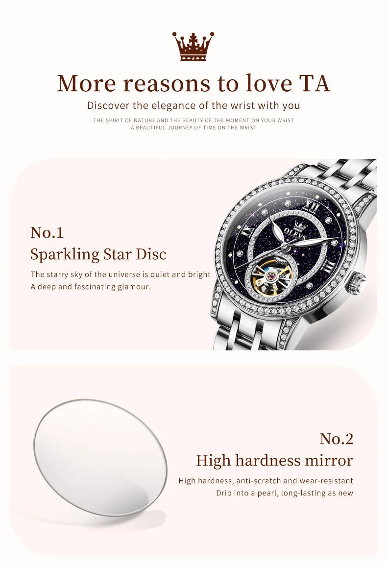 OLEVS Women’s Luxury Automatic Skeleton Watch  Starry Sky Stainless Steel Mechanical Wristwatch