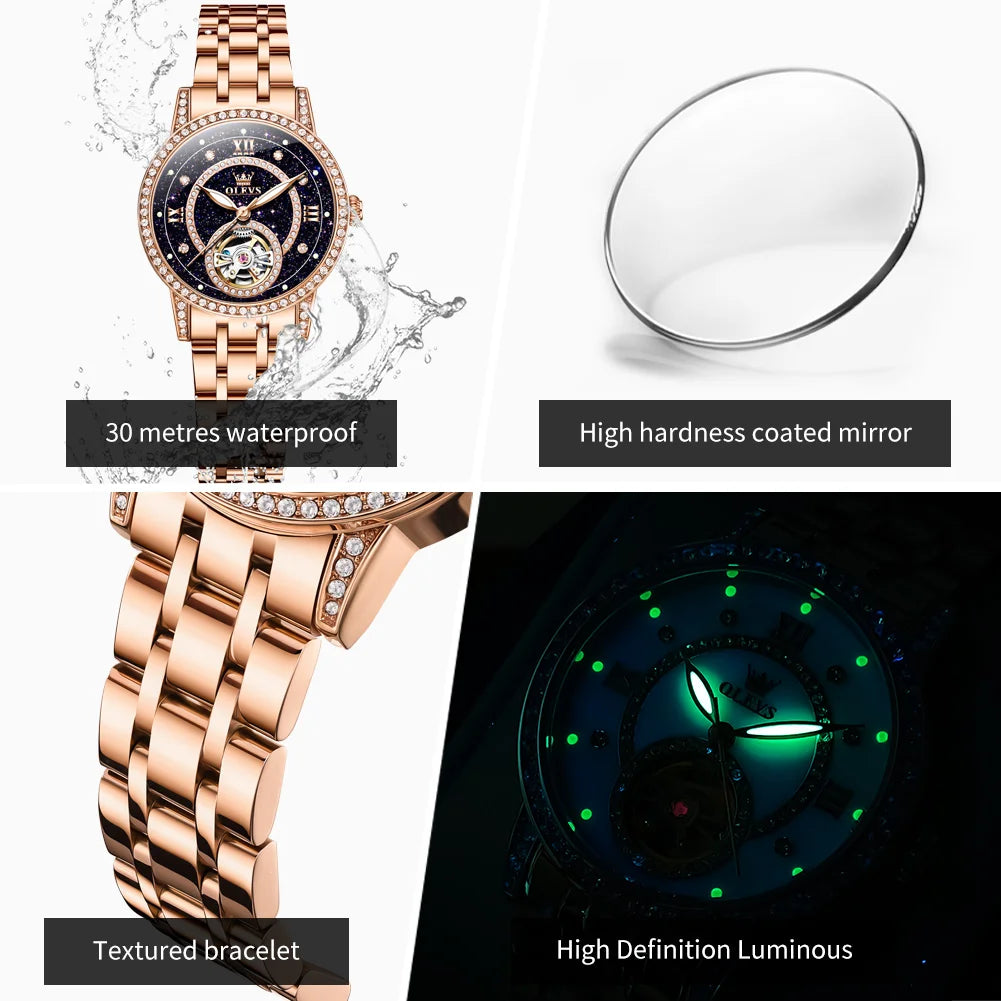 OLEVS Women’s Luxury Automatic Skeleton Watch  Starry Sky Stainless Steel Mechanical Wristwatch