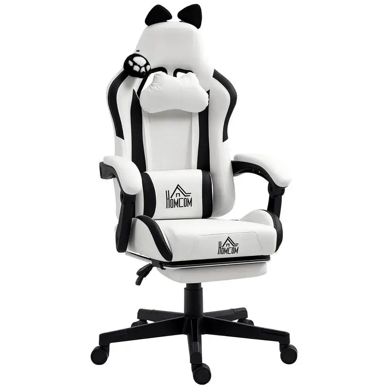 Cute Cat Gaming Chair with Removable Cat Ears, Retractable Footrest, Adjustable Height, Lumbar Support, 360° Swivel Reclining Gamer Chair
