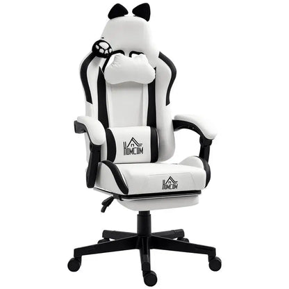 Cute Cat Gaming Chair with Removable Cat Ears, Retractable Footrest, Adjustable Height, Lumbar Support, 360° Swivel Reclining Gamer Chair