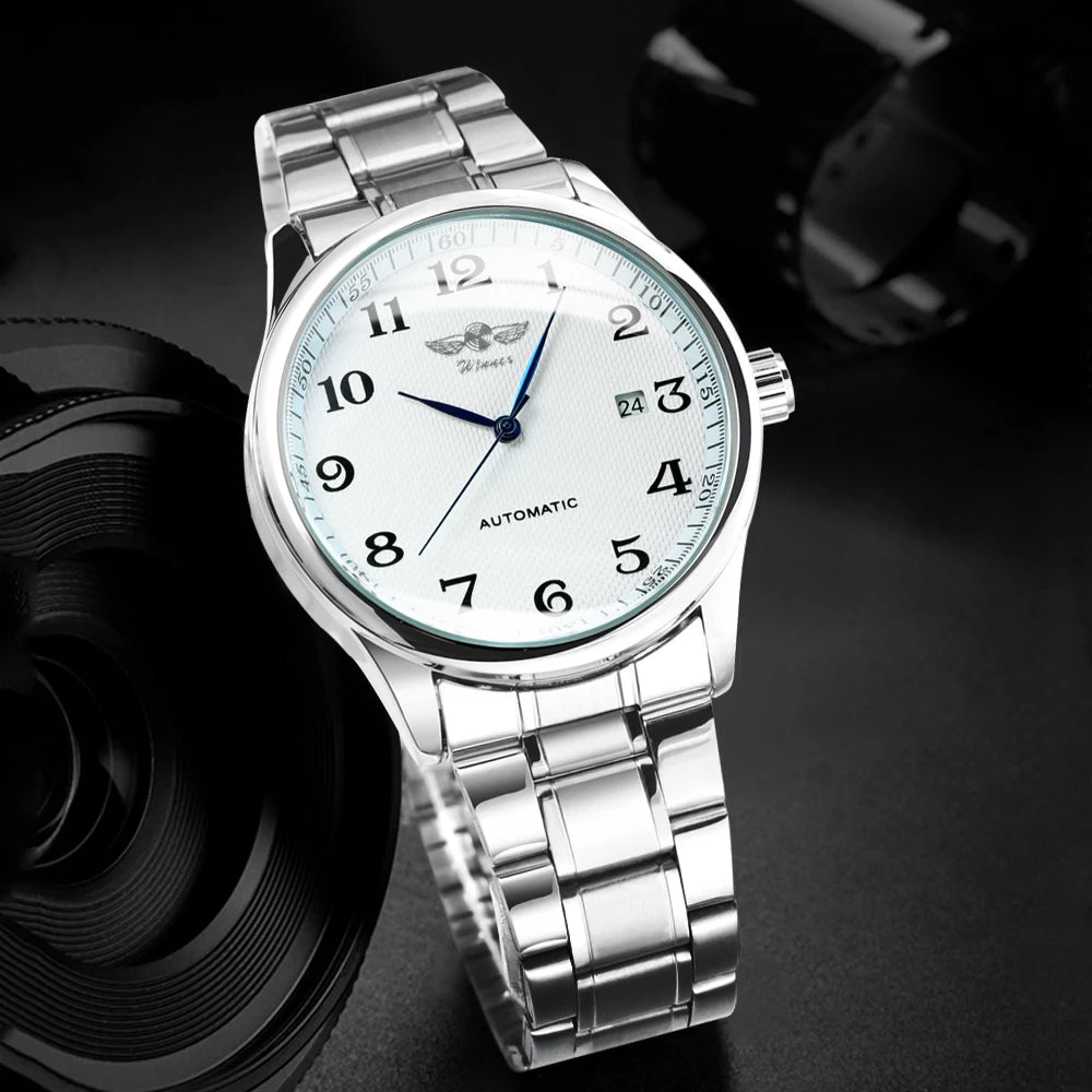 Κλασικό ανδρικό ρολόι – Ρετρό στυλ με ημερολόγιο και μπλε δείκτες, αυτόματο μηχανικό μηχανισμό, επώνυμη μάρκα, κάσα από ατσάλι και δερμάτινο λουράκι