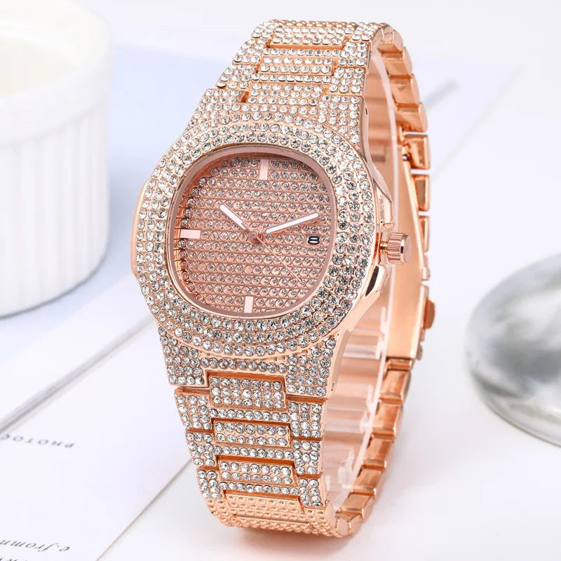 2022 New Iced Out Women Watch Gold Silver Color Square Diamondd Quartz Luxury Hip Hop Wrist Watches Roman Clock Gift boyfriend