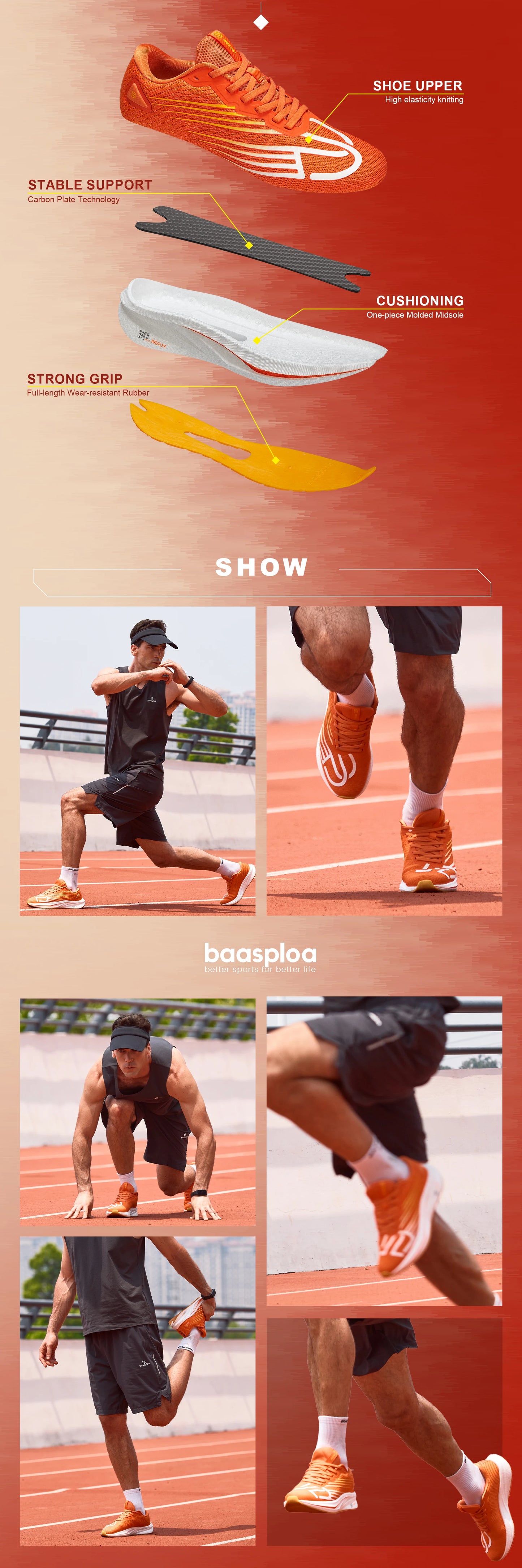 Baasploa Men Professional Running Shoes Lightweight Breathable Jogging Sports Shoes Female Carbon Plate Anti-slip Sneakers