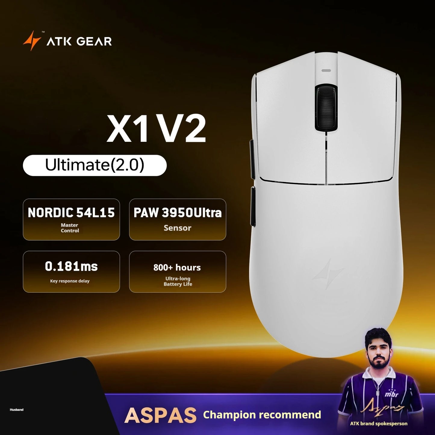 Mouse gaming wireless ATK X1 V2 Ultimate 2.0 Paw3950 Ultra, 54g, ușor, 750ips, latență redusă 0.163ms, 650ips, accesoriu nou, cadou
