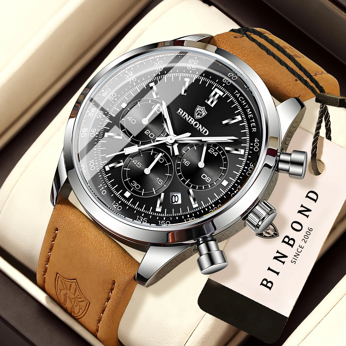 Montre chronographe BINBOND à quartz robuste et précise pour homme, de luxe, avec date automatique, lumineuse et étanche, style décontracté.