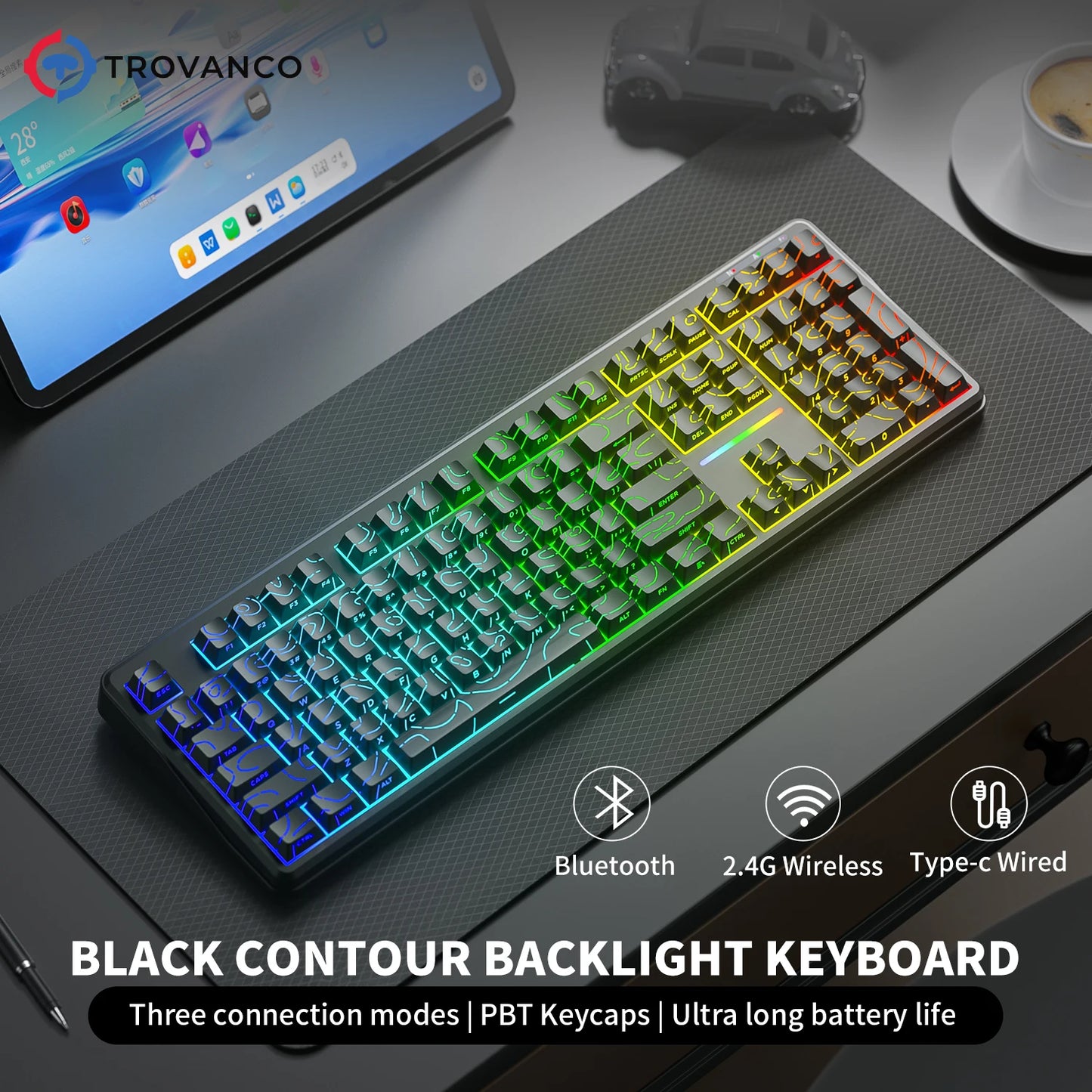 V108 Pro Bluetooth-Tastatur Büro, geräuscharm, 2.4G kabelgebunden & kabellos, vollständiges Layout mit RGB-beleuchteter Membran