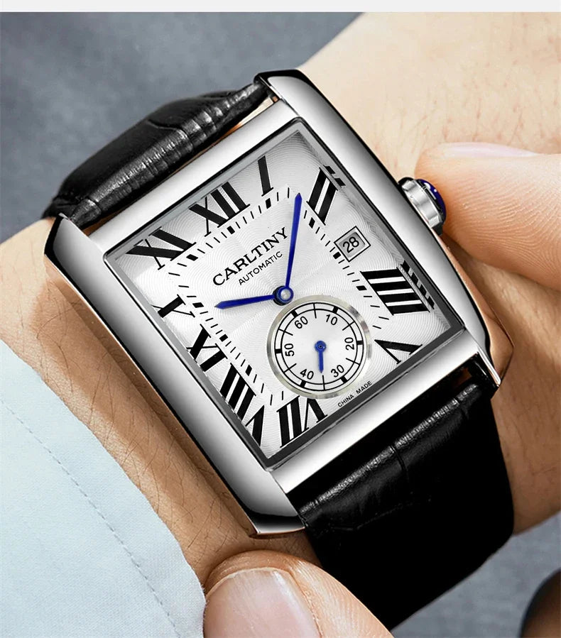 Montre automatique de luxe pour homme – Montre-bracelet mécanique, modèle élégant de grande marque, boîtier carré en acier inoxydable, étanche – CARLTINY