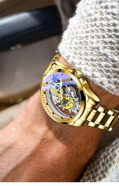 Trendové pánské hodinky, model s dvojitým víčkem, luxusní zlatý styl, imitace mechanického tourbillonu, quartzový strojek.