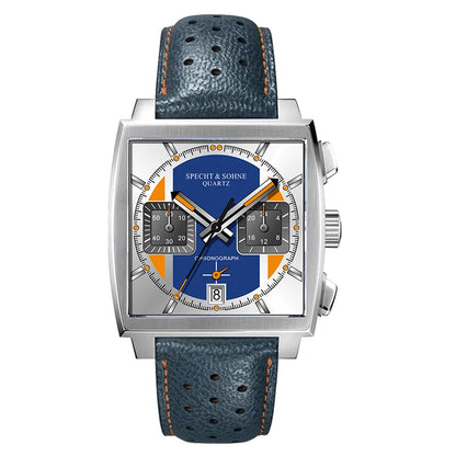 Specht & Sohne New Classic herreur med kvartsværk, blå, rustfrit stål, japansk VK63-værk, ægte læder, Montre Homme 39 mm