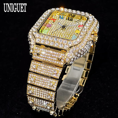 UNIGUET Big Diamond Watch Men Luxury Colored Roman Literal Watch Man Hip Hop Jewelry Bling Bling Square Wristwatch Dropshipping