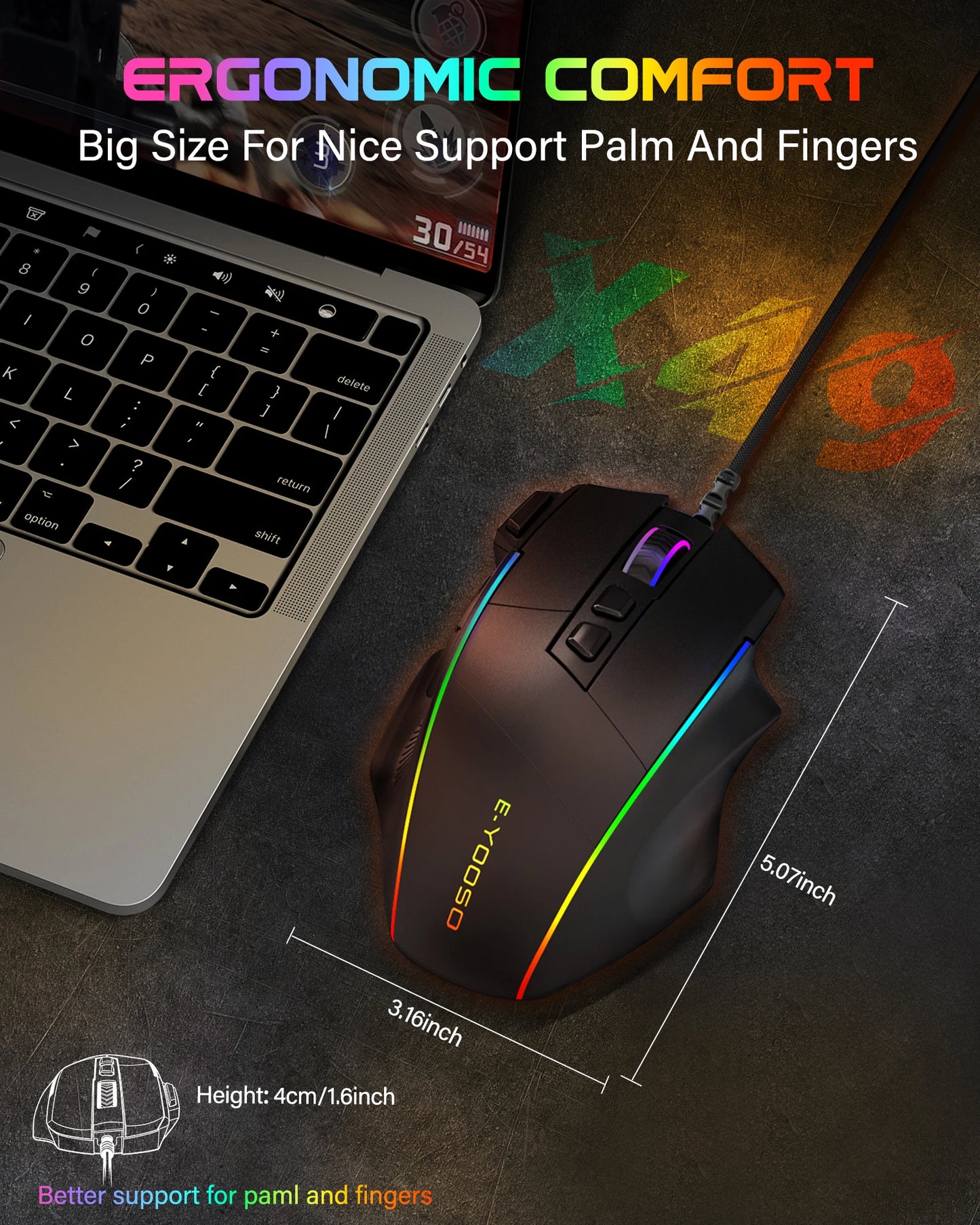 E-YOOSO X49 kabelgebundene Gaming-Maus, 12400 DPI einstellbar, RGB-beleuchtet, 8 programmierbare Tasten, ergonomische Gamer-Maus für PC und Laptop