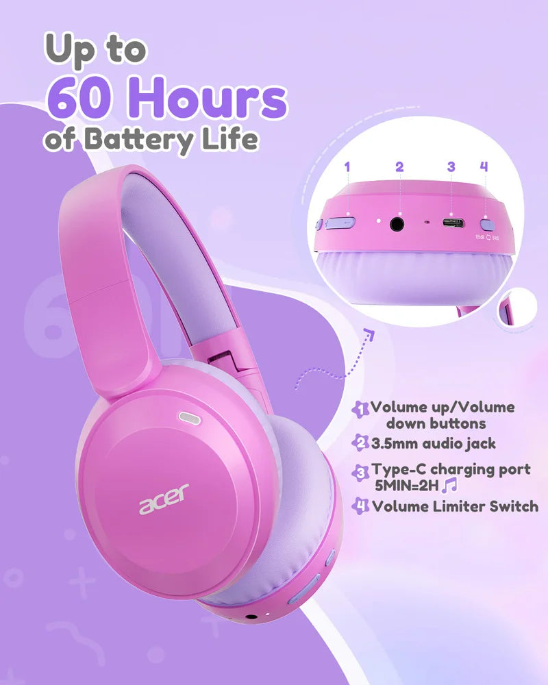 Casque Bluetooth 6.0 pour enfants Acer OHR668, limiteur de volume 85/94 dB, casque sans fil pliable à porter sur les oreilles, autonomie de 60 heures, microphone intégré.