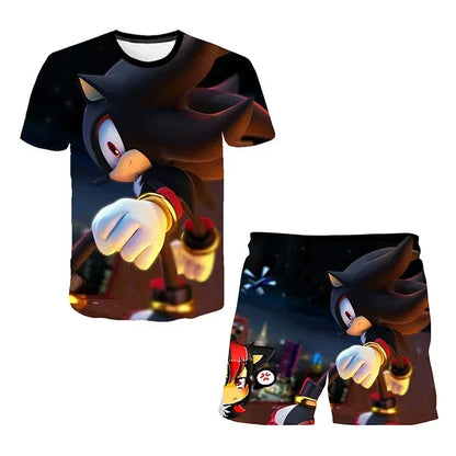 Sonic The Hedgehog Top Fashion 3D Anime Children's T-shirt Set Short Sleeve + Shorts Two-piece Set Girls Boys Cosplay Costume