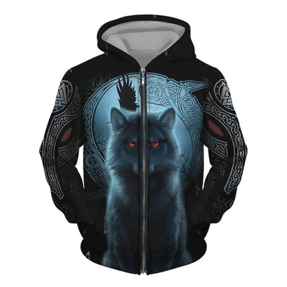 New 3D Wolf Print Men's Hooded Sweatshirt Street Punk Style Zip-up Jumper Oversized Jacket Coat Stylish Vintage Clothes Zip Coat