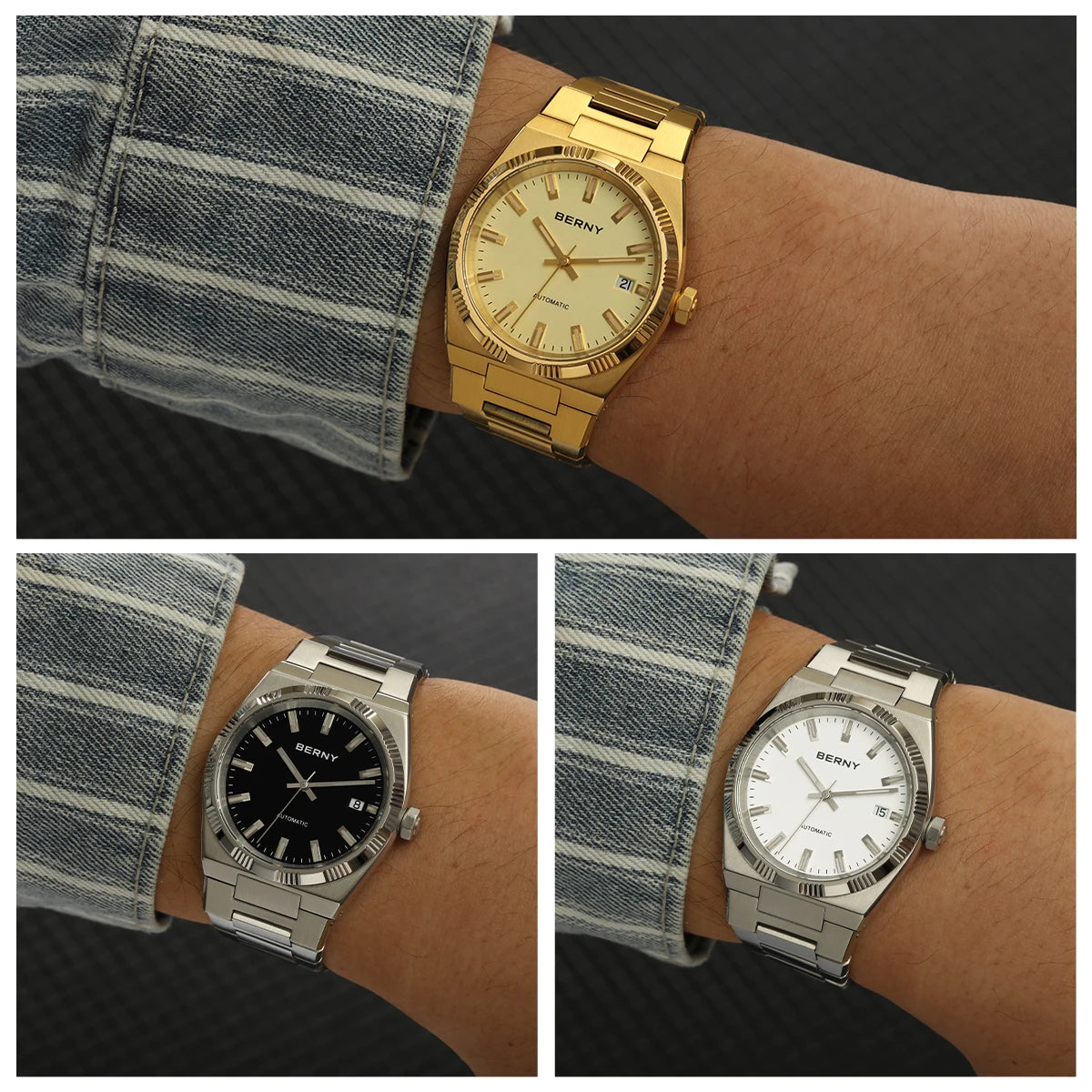 Montre automatique pour homme BERNY, dorée, verre saphir, aiguilles luminescentes, 100 % originale, équipée d'un mouvement PT5000, revêtement antireflet, modèle de luxe avec lunette interchangeable, étanche 5 ATM.