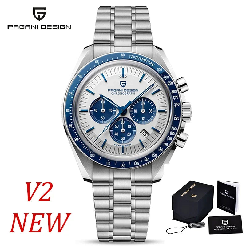 PAGANI DESIGN herenhorloge „New Moon“ – Luxe quartzhorloge, chronograaf, saffierglas met antireflectiebehandeling, keramische lunette, lichtgevende wijzers