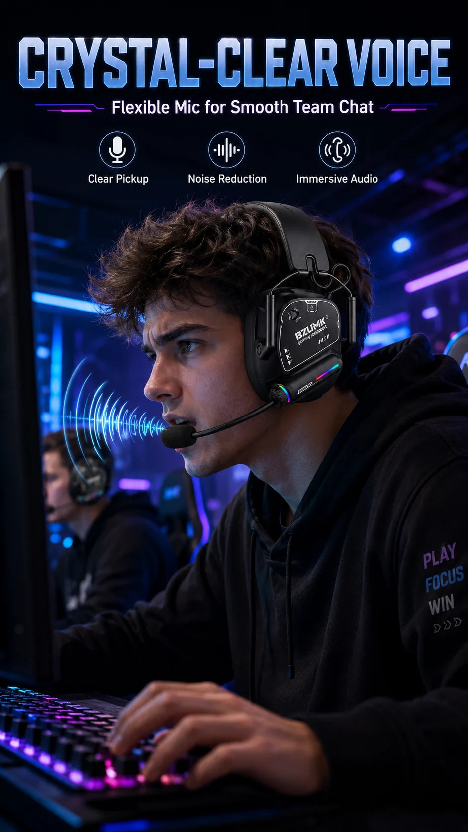 Casque de jeu sans fil BZUMK, écouteurs circum-auraux Bluetooth à faible latence avec micro, basses profondes, 50 mm, RGB, pour PC, PS4, PS5, ordinateur portable, gamer