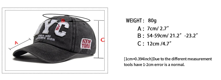New Vintage Big Letter NYC Baseball Cap Men Cotton Washed Spring Autumn Visor Soft Snapback Fashion Hat For Women