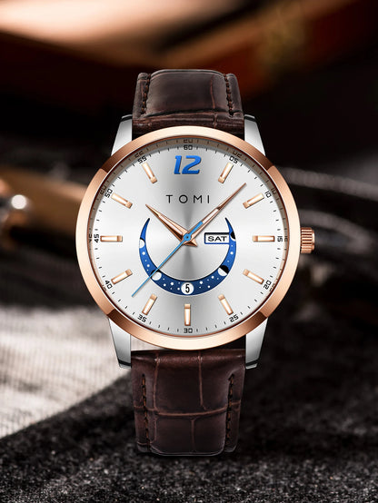 Montre à quartz TOMI, style business et élégant, avec bracelet en cuir, boîtier en alliage et cadran à aiguilles – Design haut de gamme, idée cadeau pour homme