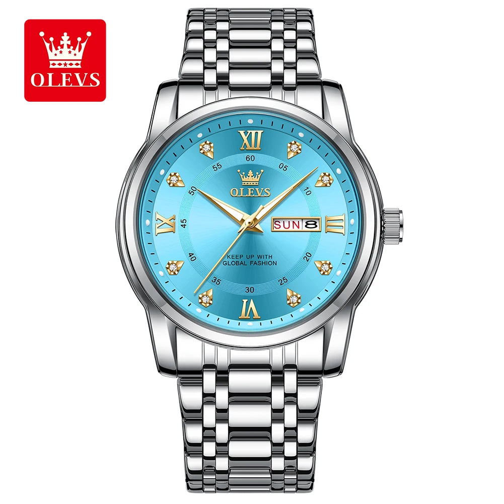 Montre à quartz pour homme OLEVS 5513 – Bracelet en acier, étanche, affichage lumineux, calendrier et jour de la semaine – Montre élégante et luxueuse, modèle original pour homme