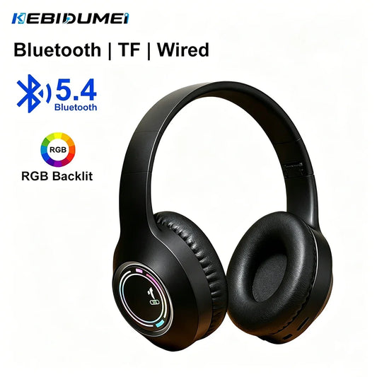 Casque de jeu KEBIDUMEI RGB, circumaural, Bluetooth 5.4, prise en charge de la connexion filaire 3,5 mm, lecture sur carte TF, écouteurs tri-mode.