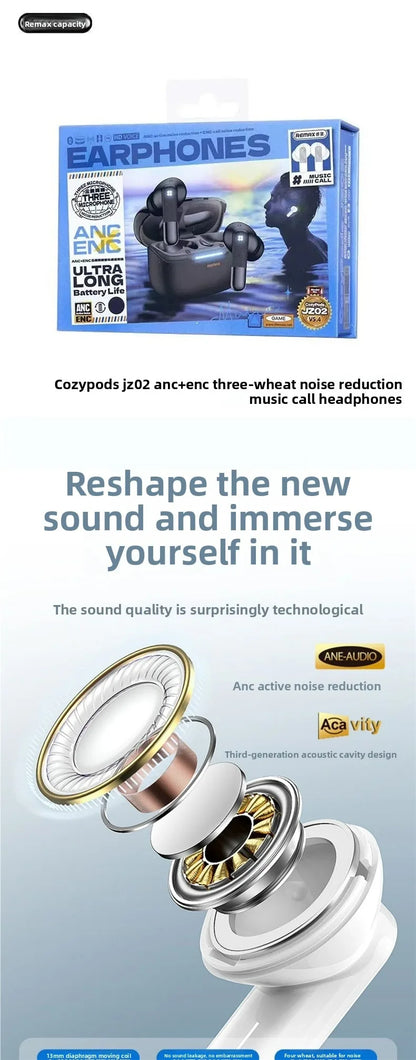Écouteurs sans fil Remax ANC, réduction de bruit de 45 dB, 6 micros, ENC, appels HD, Cozypods JZ02, mode gaming, faible latence, 42h