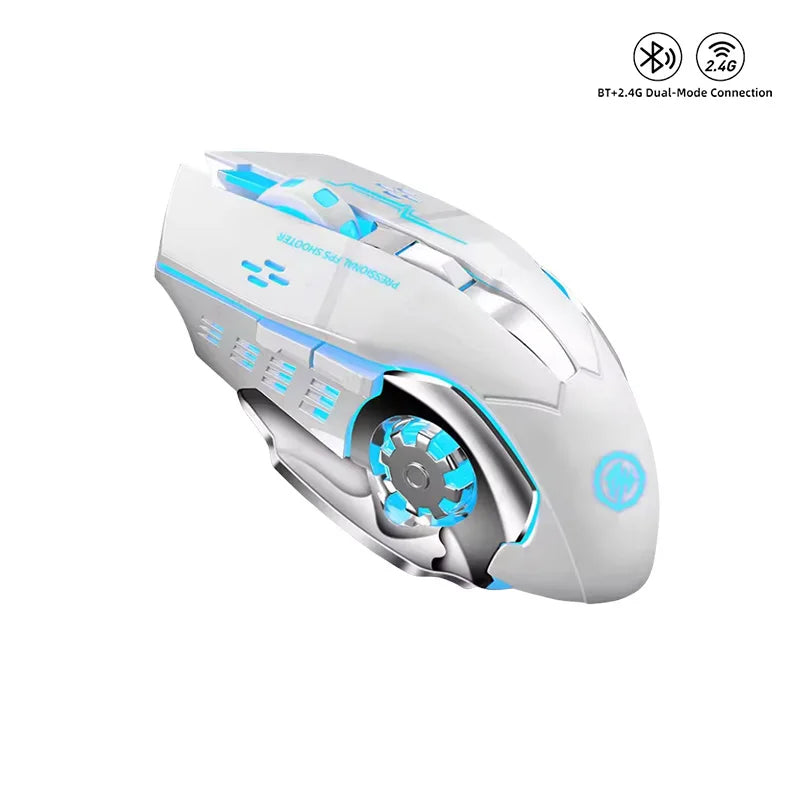Įkraunama belaidė žaidimų pelė su tyliu foniniu apšvietimu, E-Sports Bluetooth ir 2.4G USB, skirta nešiojamajam kompiuteriui, Macbook, PC žaidimams ir biurui