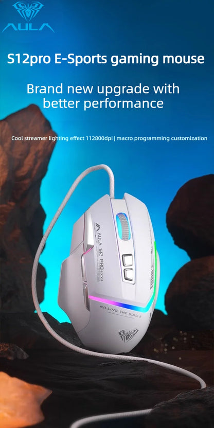 Akční nabídka AULA S12 Pro drátová herní myš 12800 DPI s RGB podsvícením, 8 programovatelnými tlačítky a ergonomickým designem pro PC a notebooky