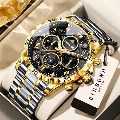 Montres à quartz de marque originale BINBOND pour hommes, montre chronographe de luxe lumineuse en acier inoxydable pour hommes, montre élégante pour hommes