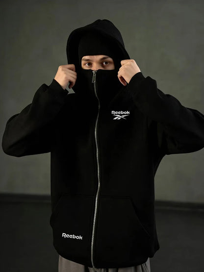 Reebok logo men's new double hood design sweatshirt, gothic style, Harajuku style, new winter warm double hooded sport jacket, m