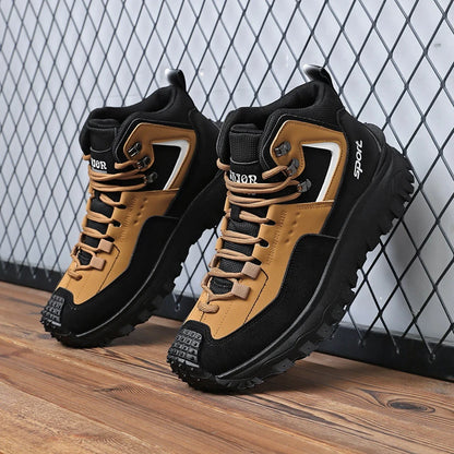 Black And Tan Mid Top Hiking Boots Suede And Leather Platform Sneakers Non Slip Outdoor Casual Shoes With Rugged Sole For All
