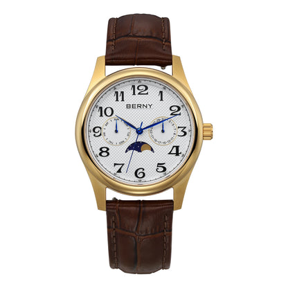 BERNY Watches for Men Moon Phase Quartz Men's Watch Day and Date Calendar Easy Read Vintage-Style Business Dress Wristwatch