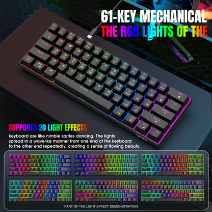RK61 Wired 60% Mechanical Gaming Keyboard RGB Backlit 61 Keys Ultra-Compact Hot Swappable Red Switch Provides a Smooth