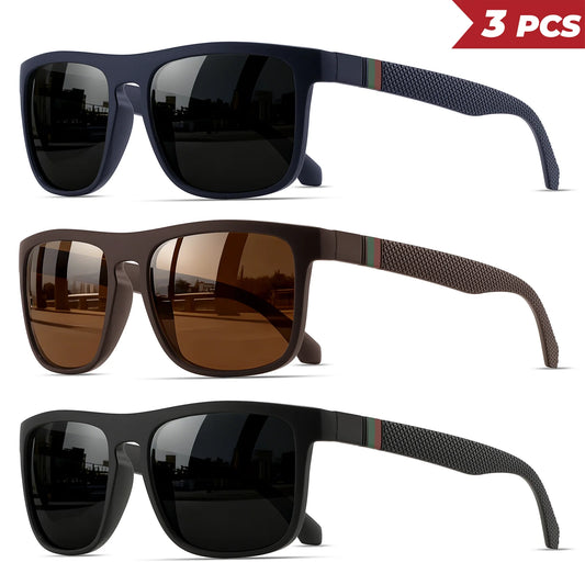3PCS Classic Retro Polarized Square Sunglasses - Red/Green Stripe Temples, UV400 Unisex for Daily, Outdoor, Fishing & Driving