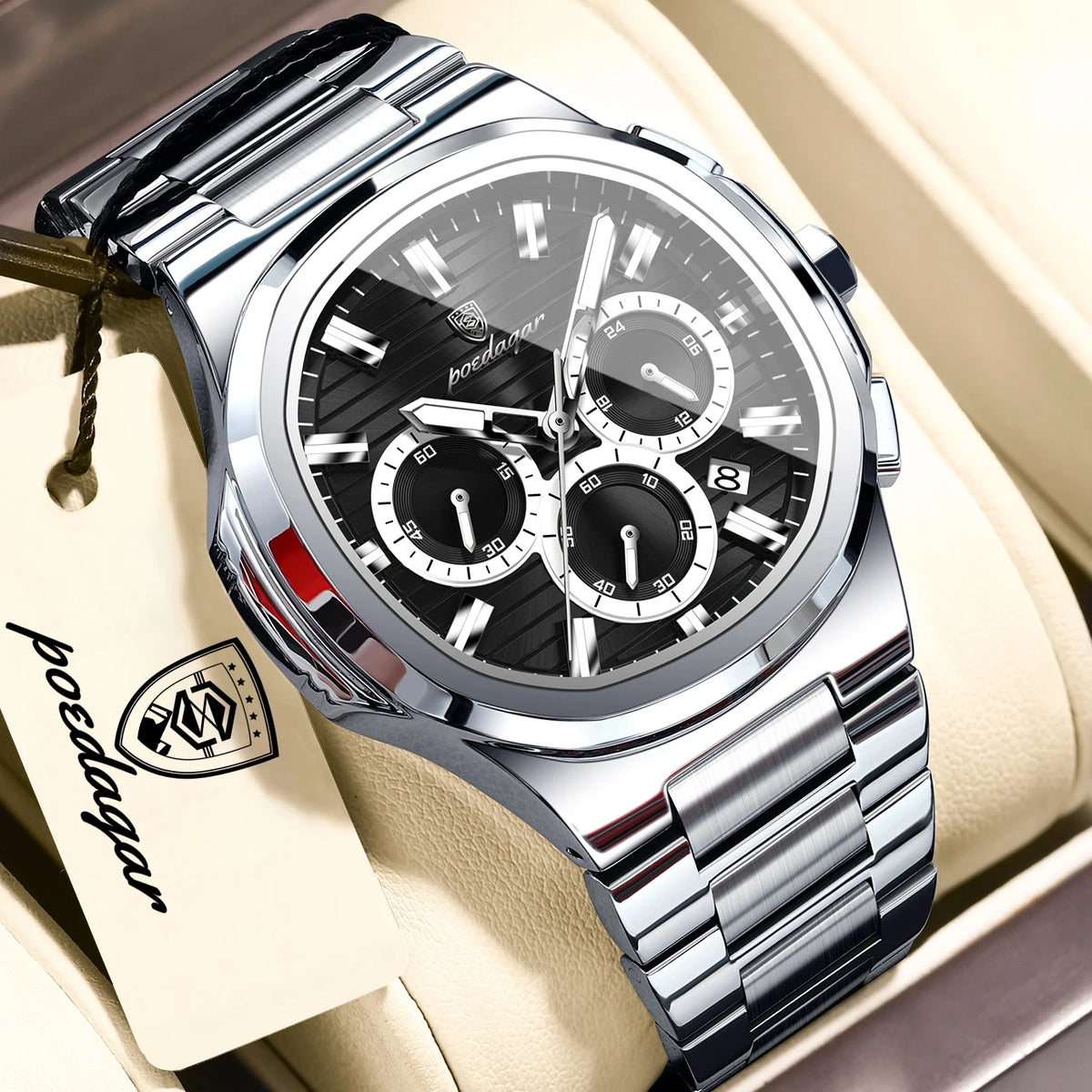 POEDAGAR Men’s Luxury Stainless Steel Quartz Watch  Waterproof Chronograph with Luminous Dial & Date