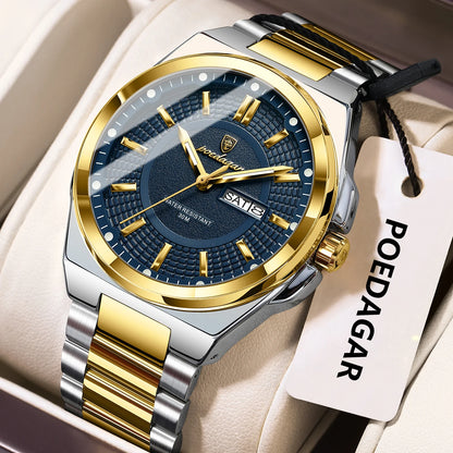 Montre-bracelet de luxe POEDAGAR Sport Original pour homme, à quartz, avec date et jour de semaine, étanche et lumineuse, en acier inoxydable.