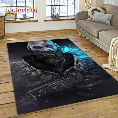 God of War Games Kratos Cartoon 3D Carpet Rug for Bedroom Living Room Home Sofa Decoration,Children Game Large Decor Floor Mat